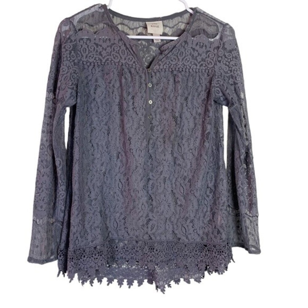 Knox Rose Gray Lace Sheer Long Sleeve Blouse Size XS Women